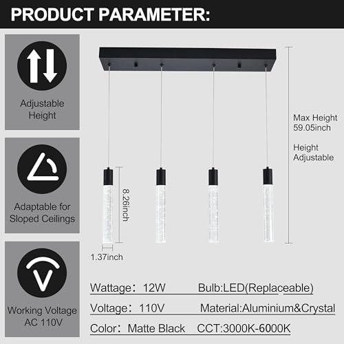 Image of 4 Light Pendant Lights Kitchen Island, Modern Matte Black Crystal Pendants with Dimmable 3000K-6000K LED Ceiling Hanging Light Fixture for Dining Room Bedroom, Adjustable Height 59 inch