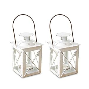 Kate Aspen Decorative Lanterns - Set of 2 - Luminous Distressed Metal Lantern Candle Holders for Wedding, Home Decor and Party - 4.5" H (6.5" H with Handle) – White Kate Aspen Decorative Lanterns Set of 2 Luminous Distressed Metal Lantern Candle Holders for Wedding Home Decor and Party 45 H 65 H with Handle–White