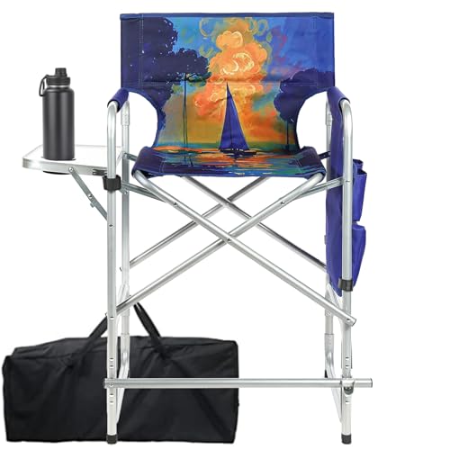 ZIXNEXKOO Makeup Chair for Makeup Artist 41'', Smooth Sailing 400 lbs Directors Chairs Foldable, Portable Makeup Artist Chair Bar Height with Table, Cup Holder, Storage Bag Footrest
