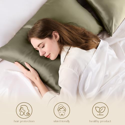 ZIMASILK 100% Pure Mulberry Silk Pillowcase for Hair and Skin Health,Soft and Smooth,Both Sides Premium Grade 6A Silk,600 Thread Count,with Hidden Zipper,1pc (Queen 20''x30'',Olive Grey)