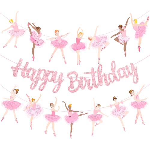 3Pcs Ballet Girls Happy Birthday Banners Glitter Pink Ballerina Birthday Decorations Ballerina Party Banners Ballet Themed Hanging Banner Decor for Girls Tutu Dance Party Supplies