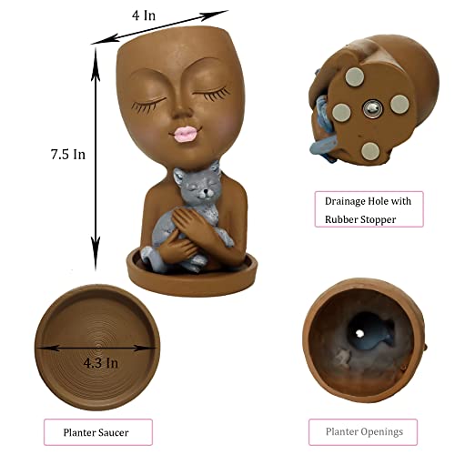 Dolkgy Head Planter Face Pots For Plants, Cute Plant Pots Unique Women Face Vase With Cat For Indoor Outdoor Plants, Resin Head Flower Pots Novelty Face Vase With Drainage Hole Tray, Diy Gifts Idea #TOP3