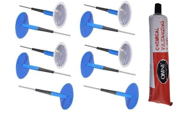 PRIDE Mushroom Plug Patch Uniplug (9W) Uniseal Tubeless Tire Tyre Puncture Repair (10 Pcs) and Omni Chemical Vulcanizing Fluid (CVF 75 ml) Adhesive/Solution Pack of 1 Piece