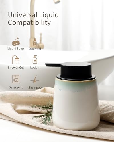 Image of BosilunLife Hand Soap Dispenser - Ceramic Dish Soap Dispenser for Bathroom 12ounce Refillable Liquid Hand Wash Dispenser for Essential Oil, Lotion Soap, White with Blue-Green Rim