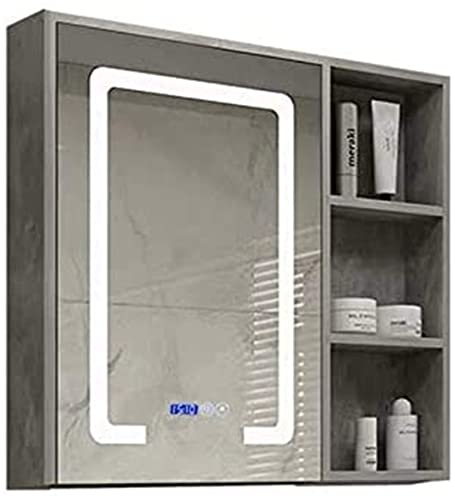 ROLTIN Mirrors for Bathroom LED Lighted WallMounted Bathroom Mirror Cabinet,AntiFog and Defog Mirror with Storage Rack,Vanity Mirror Cabinet,Cement Ash