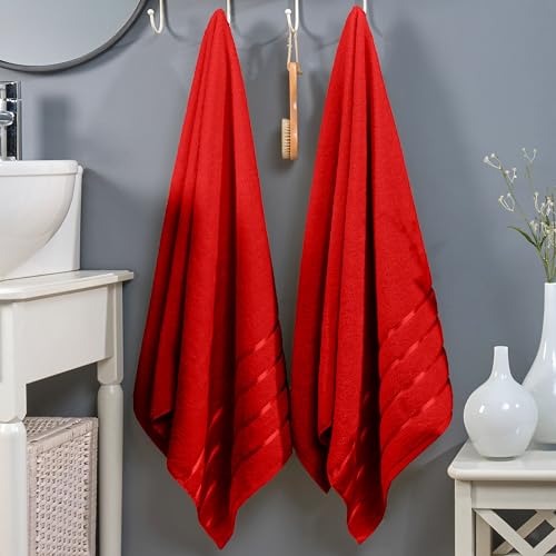 Image of Elegant Comfort 100% Turkish Cotton 4 Lines Viscose Stripe Luxury 2 Pack Bath Towel Set 27 x 54 Inch - Super Soft and Highly Absorbent Premium Hotel Spa Quality Towels for Bathroom Use, Red
