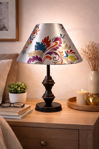 Image of tu casa Modern Table Lamp with Crimson Floral Satin Shade | Metal Iron Base Decorative lamp for Living Room| Decorative Lighting for Living Room,Designer Table Lamp for Gifting (Vivid Petal Fusion)