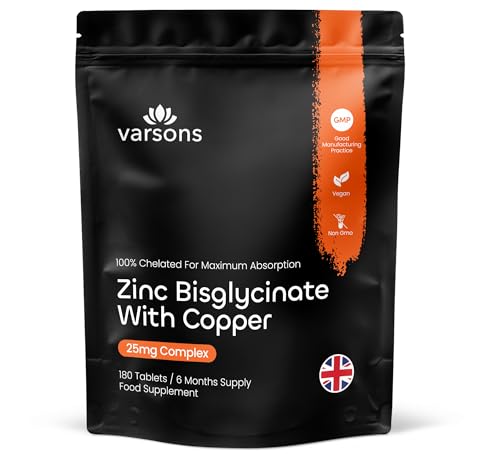 Zinc Bisglycinate 25mg with Copper - Chelated High Absorption Zinc Supplements for Immunity Skin Bones & Hair - 6 Month Supply Vegan-Friendly & Magnesium Stearate-Free