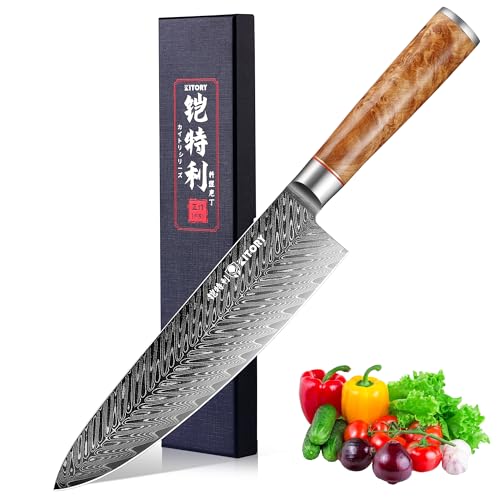 Kitory Damascus Chef Knife, 8" Ultra Sharp Kitchen knife - High Carbon 73-Layer 10Cr15CoMoV Stainless Steel - with White Shadow Wood Handle, for Kitchen and Restaurant, 2025 Gift D3chef