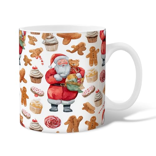 Taza de café de cerámica con diseño de Papá Noel, diseño navideño festivo de pan de jengibre, tazas de Navidad rojas novedosas con asa, regalo para amistad, familia, colegas, profesores, personal de