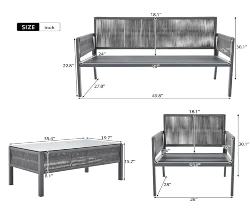 Image of 4 Seater Indoor /Outdoor Rope Woven Patio Conversation Set Powder-Coated Iron Frame Handwoven Weaving Rope Modern Sofa for Balcony,Backyard,Living Room,Waterproof Furniture(Grey)