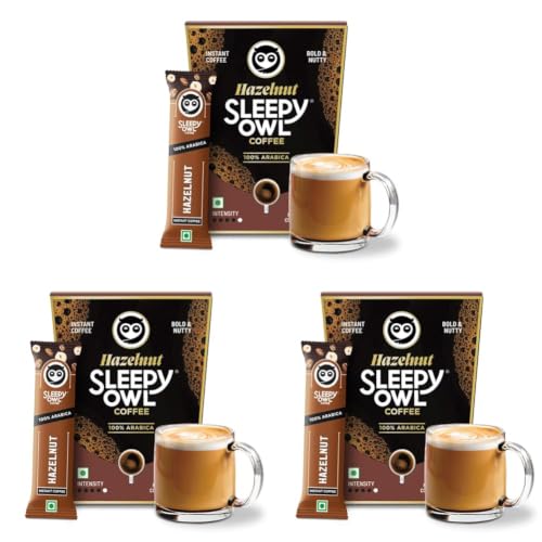 Image of Sleepy Owl Hazelnut Freeze Dried Coffee Sachets | 20g - Pack of 30 x 2g Instant Coffee Powder Sachets | 100% Arabica Beans | Aromatic Coffee Pouch | Rich & Smooth | Easy to Use & Carry