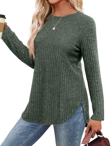 Image of Saloogoe Long Sleeve Shirts for Women 2025 Fall Clothes Tunic Tops Loose Fit Dressy Crewneck Pullover Sweaters Curved Hem