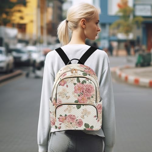 Image of Women Fashion Backpack Purse Roses Vintage Floral Rucksack, M | Casual Lightweight Quilted Daypack Ladies Bag for College Travel Work
