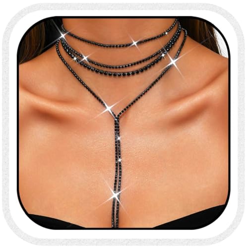 Atigy Silberne Halskette mit Strasssteinen Kristall Choker Halsketten lange funkelnde Halskette Schmuck für Damen (Schwarz)