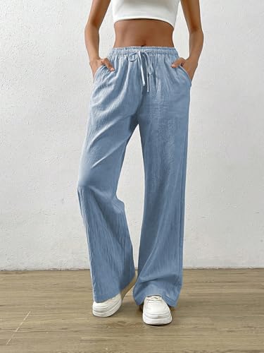 Image of TOPLOT Women's Linen Blend Wide Leg Palazzo Pants | Elastic Drawstring Waist Trousers for Woman | Relaxed Fit Casual Lounge Trousers | Breathable Straight Leg Everyday Bottom Wear (5268)