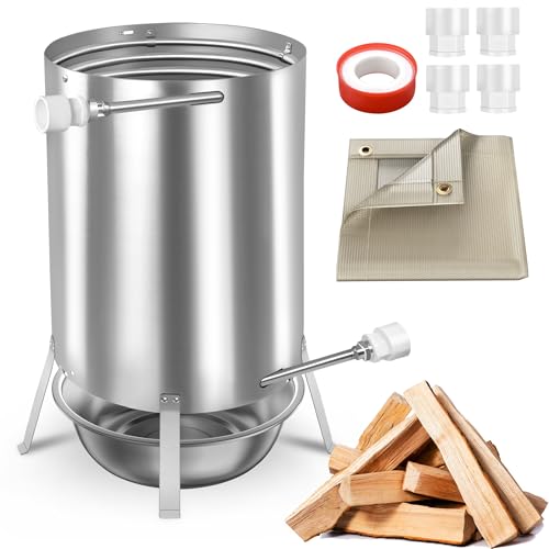 PEILU Feuertonne mit Heizspirale, Ø32mm / Ø38mm Anschluss, Feuerfeste Matte & Restasche Auffangwanne, Edelstahl Gartendusche Heizungen Pool Beheizt Eimer Poolheizung mit Feuer für Schwimmbäd (1 Set)