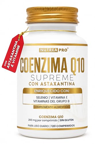 Q10 coenzima NUTREA PRO® mejorado con Astaxantina 1 mg para máxima eficacia | coenzima q10 200mg | Energía antioxidante y piel | Fórmula patentada con CoQ10; Astaxantina; Vitamina E, B12, B6, B2