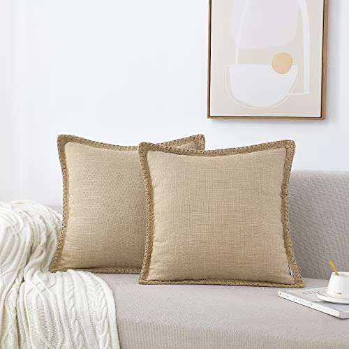 Set of 2 Farmhouse Throw Pillow Covers - Burlap Linen Trimmed Tailored Edges Decorative Cushion Covers for Bed Home Outdoor Decoration (2 Pieces, 18