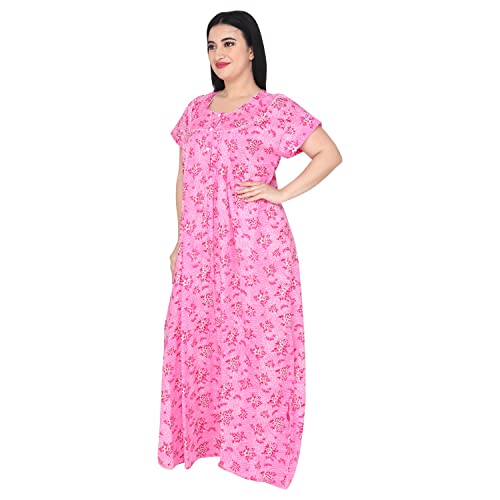 OSF Women's Nighty Printed Cotton Floral Maxi Round Neck Full Length Nightwear Night Gown (Pack of 1, NW0376), Pink, 4XL