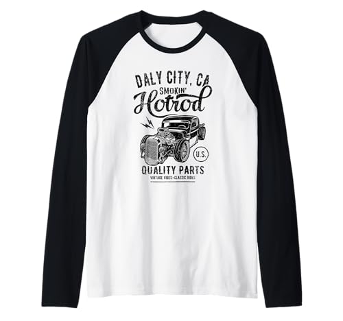 Daly City California Retro Hotrod Car Distressed Design Raglan Baseball Tee