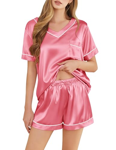 Image of Silk Pajamas for Women Short Sleeve Satin 2 Piece Pj Set Soft V Neck Sleepwear Loungewear, S-XXL