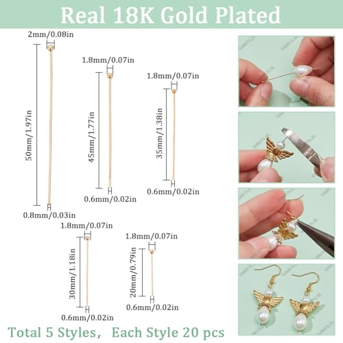 SUNNYCLUE 1 Box 100Pcs 20/30/35/45/50mm jewellery Ball Pins Gold Head Pin Bulk Real 18K Gold Plated Brass Small Round Ball Headpin Long Findings Pins for jewellery Making Earring Bracelet Supplies Cra - Image 2