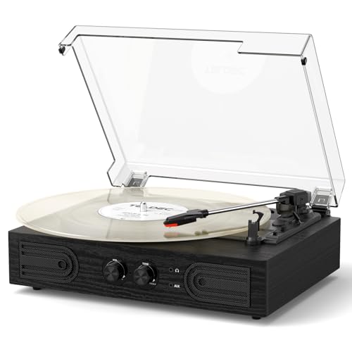 Image of Vinyl Record Player with Built-in Speakers 3-Speed Vintage Record Player Support Treble& Bass Control, 3.5mm Headphone Jack, RCA-Out /Aux in, Belt-Driven LP Turntable,Black Wood