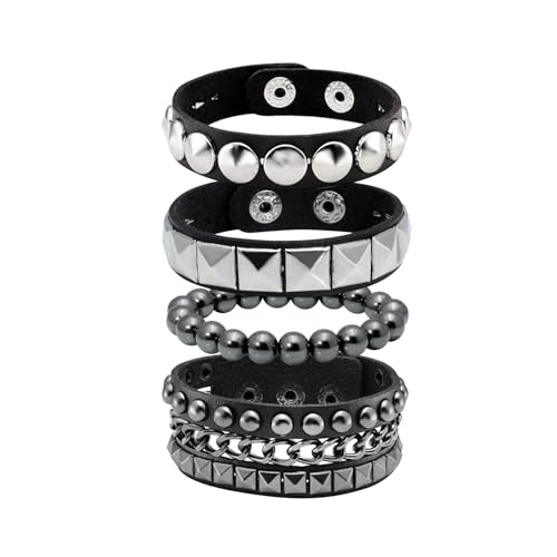 MILAKOO 4 Stücke PU Lederarmbänder Set Hematit Armkette und Nieten armband schwarz einstellbar