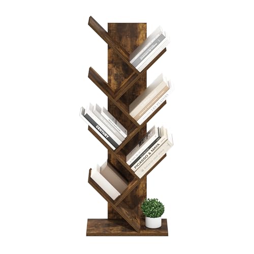 Image of Furinno Tree Book Shelf, 7-Tier Bookshelf with Angled Open Shelf, Tree Bookcase for Room Decor, 8.4 x 15.7 x 39.4, for Organization and Storage, for Living Room, Bedroom, Home Office, Amber Pine