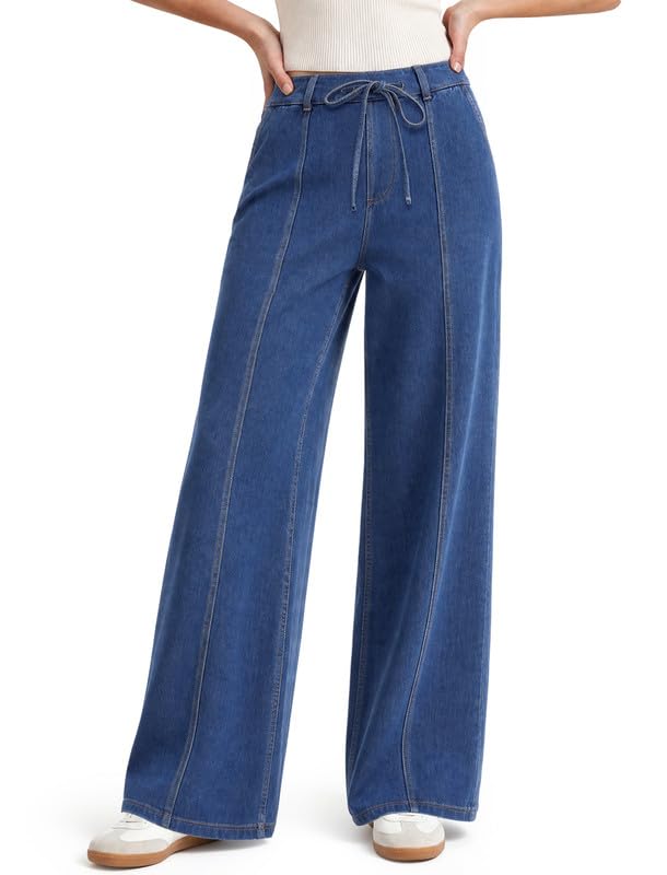 keriffe Women's Wide Leg Jeans Drawstring High Waisted Stretchy Denim Pants - image 1