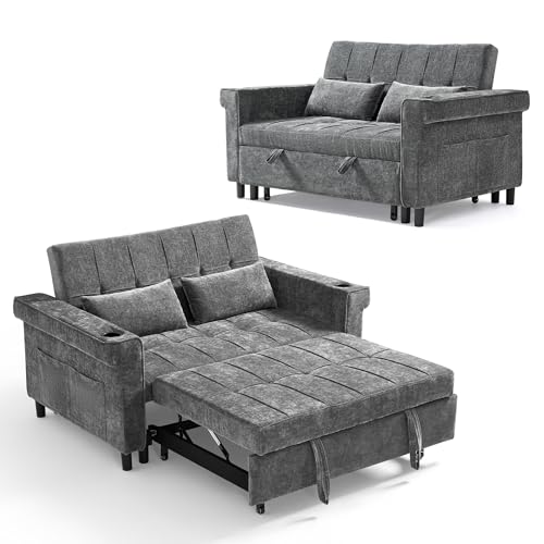 LINSY HOME 3-in-1 Schlafsofa, 2-Sitzer Sofa mit Schlaffunktion, Chenille Klappbares Schlafcouch mit Kissen, Seitentasche und Getränkehalter -...