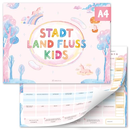 BIROYAL Stadt Land Fluss Kinder A4 | 35 Kategorien mehr Spaß | 50 Blatt Reisespiele & Partyspiele für Kinder | Geschenk Mädchen 9 Jahre | Geschenk Junge 9 Jahre | Gesellschaftsspiel