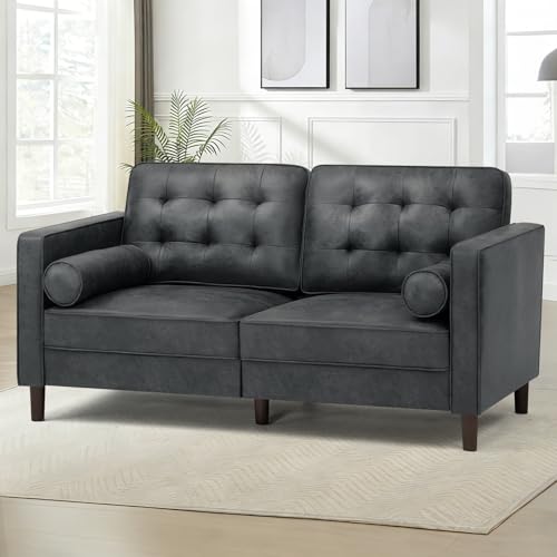 Image of 67 inch Suede Leather 2 Seater Sofa with Two Bolster Pillows, Grey | Tufted Sofa with Wooden Legs, Mordern Couch for Living Room, Office, Apartment