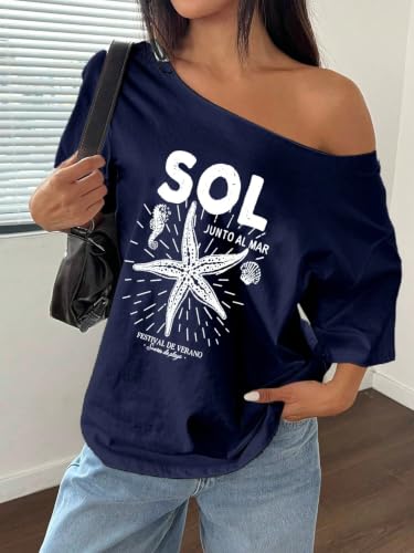 Image of SXV STYLE SOL Women Summer Loose Asymmetrical Neck Cocktail Fruit Orange Y2K Graphic Oversized T-Shirt