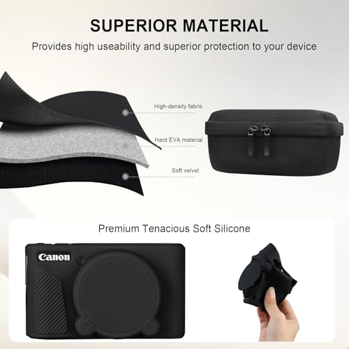 Image of Elonbo Camera Case for Canon PowerShot SX740 / SX730 Digital Camera, Canon SX740 / SX730 HS Hard Carrying Case + Soft Silicone Cover with Removable Lens Cover, Black