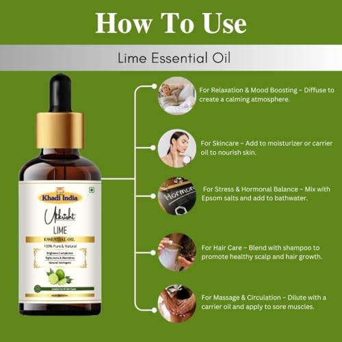 Image of Khadi Lime Essential Oil 15 ml | Pure & Natural | Lemongrass Aroma for Home Cleaning | Anti Aging Properties | Oil for Face & Hair | All Skin Types | Aromatherapy for Men & Women