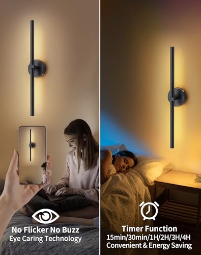 Image of 2025 New Black Wall Sconces Set of Two Battery Operated, 24 Inch Wireless Modern USB Rechargeable Wall Sconce Set of 2, 360 Rotable Remote LED Sconces Wall Light Decor , Dimmable 3 Color Temperature