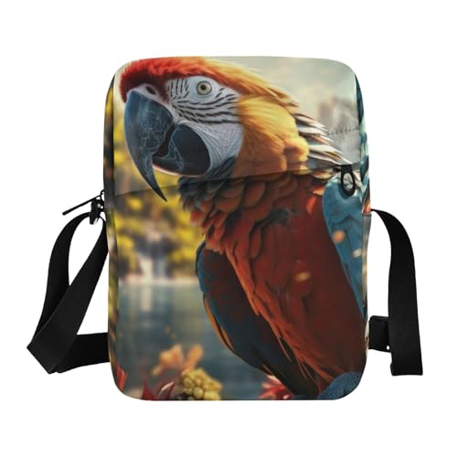 Crossbody Bag Realistic Parrot Print, Multiple Pockets Zipper Closure Messenger Bags Pouch with Phone Card Passport Compartment 6.6×9.4×2.5 IN