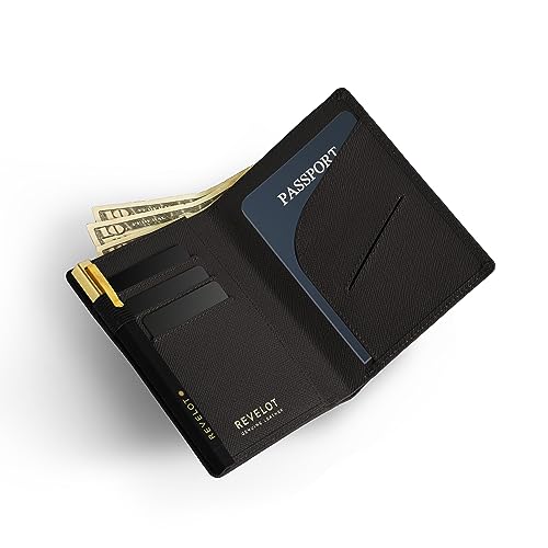 Passport Holder Wallet, Genuine Leather Travel Wallet with RFID Blocking for Men & Women / W6 (Black Saffiano)