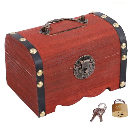 Anopono 貯金箱 宝箱 鍵付き 南京錠 アンティーク 札 お札 小物入れ 収納箱 ボックス (ブラウン, S)