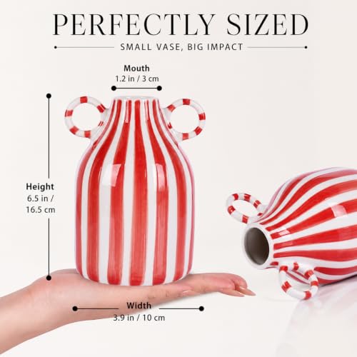 Image of Red and White Striped Ceramic Vase with Double Ring Handles