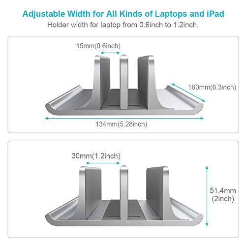 VAYDEER Vertikaler Laptop Ständer, Verstellbarer Laptop Ständer Vertikal, Aluminium 4 in 1 Laptopständer mit 2 Steckplatz Platzsparend für MacBook, Notebook, iPad, Laptops bis zu 17,3 Zoll - Silber – Bild 4