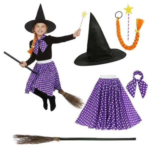 Kids Storybook Witch Costume Set with Broomstick Witch Hat Polka Dot Skirt Ginger Plait Hair & Magic Wand for World Book Day and Dress Up Play for Children