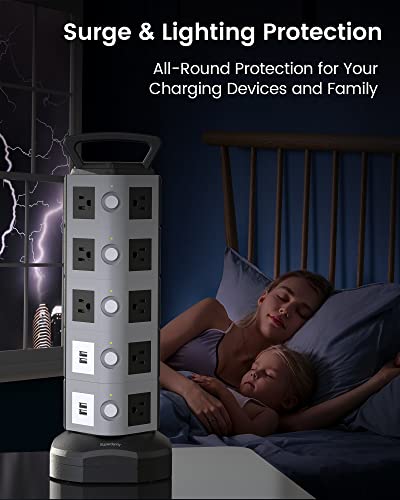 Superdanny Surge Protector Power Strip Tower 3000W 13A 18 Outlet & 4.2A 4 Usb Ports 6.5Ft Extension Cord Desktop Charging Station 900 Joules, 3-Prong, Grounded, Multiple Protections For Home, Office #TOP4