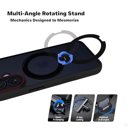 Image of RIGGEAR Shockproof Tough Hybrid Armor 360 Rotating Magnetic Ring Stand Back Cover Case Compatible with MagSafe Accessories for iPhone 16 (Smoke Black Matte PC and Black TPU Bumper)