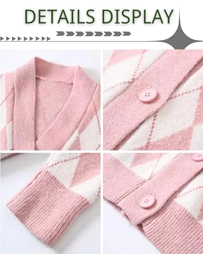 CORIRESHA Women's Cute Argyle Preppy Button Down Y2k Aesthetic Knit Cardigan Sweater4