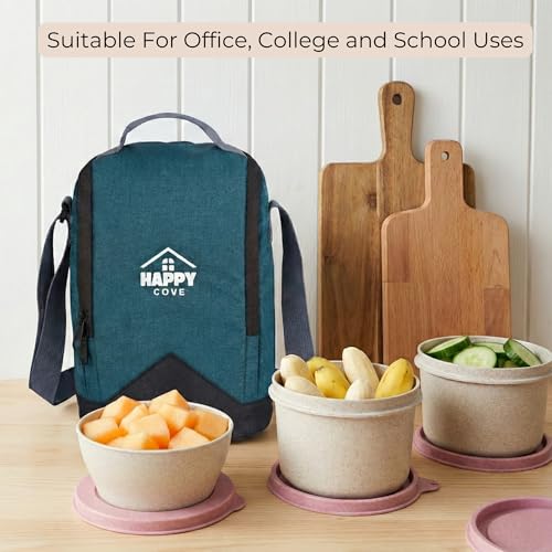 Image of Happy Cove Eco Friendly Lunch Box for Office Use, Made of Wheat Straw and Rice Husk, 3 Microwave Safe Pink Containers, Tiffin Box for Men with Lunch Bag, Microwave Safe, Oven Safe, Unbreakable