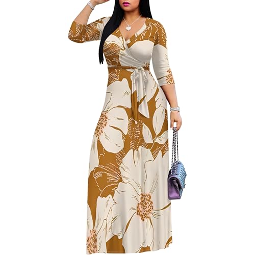 Plus Size Dresses for Women Casual Floral Maxi Dress V Neck Wrap Dress with 3/4 Sleeve2