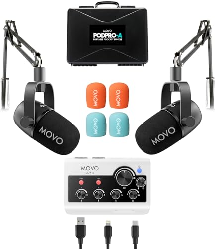 Image of Movo Portable Podcast Equipment Bundle for iPhone /Android Phones- Podcast Kit with Audio Interface, 2 CastMic Dynamic Mics, 2 Stands - For Smartphones, Computers (with Boom Arms)